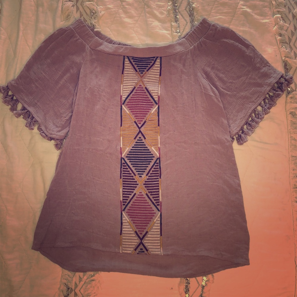 Purple Off Shoulder Aztec Embroidered Blouse